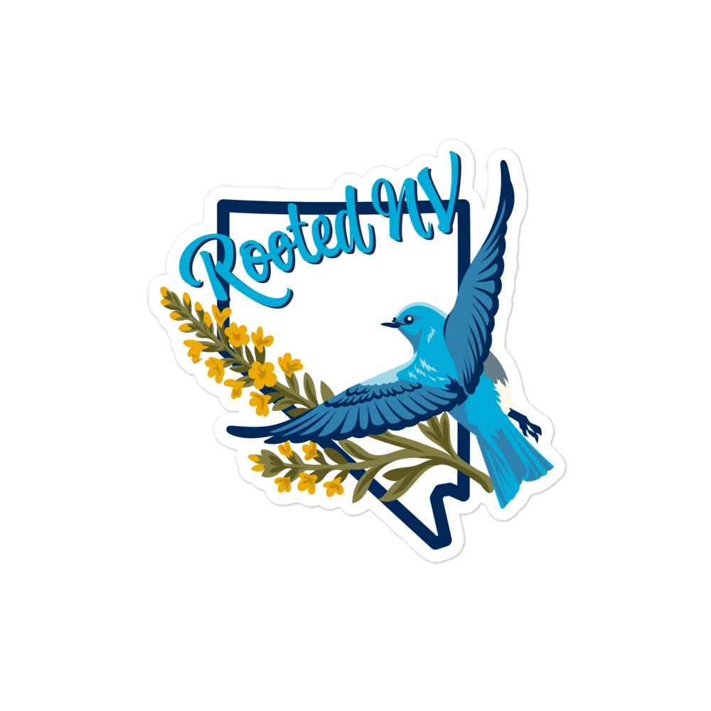 Nevada Bluebird Durable Weather Resistant Decal with a vibrant bluebird in flight, yellow flowers, and Nevada-inspired artwork; Nevada Bluebird Decal sticker