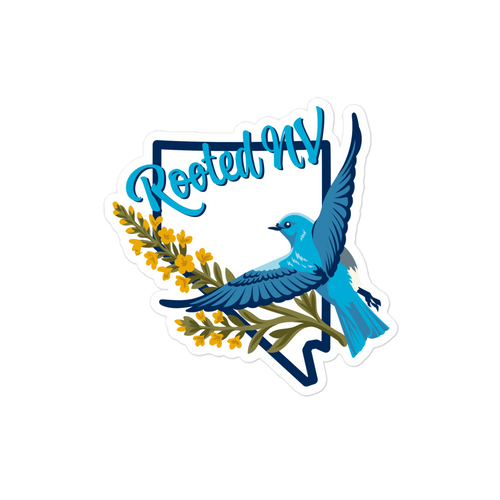 Nevada Bluebird Durable Weather Resistant Decal with a vibrant bluebird in flight, yellow flowers, and Nevada-inspired artwork; Nevada Bluebird Decal sticker