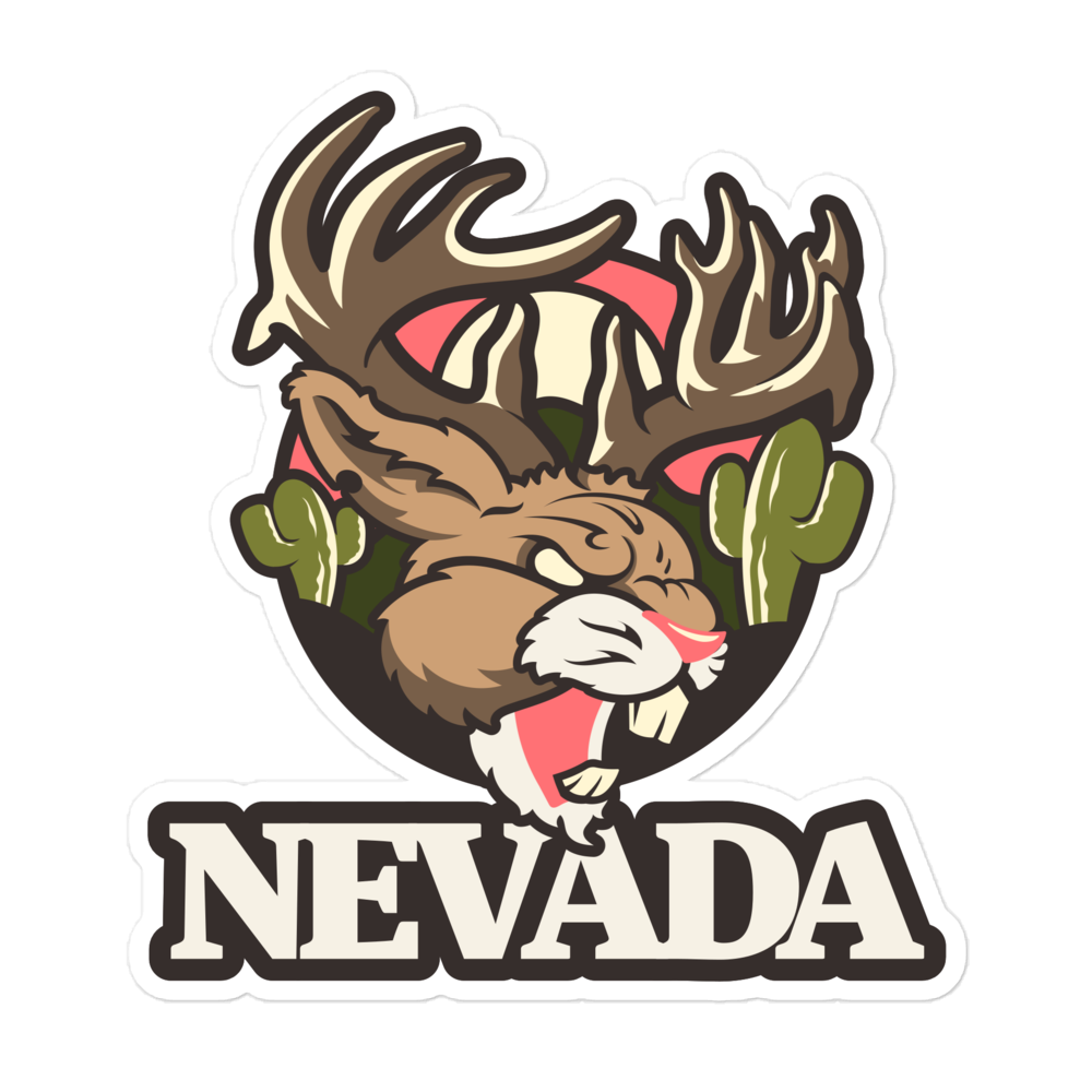 Jackalope Decals – Durable Nevada Vinyl Stickers For Water Bottles, Laptops & Bumpers with a large colorful Nevada jackalope illustration, antlers, cacti, and bold lettering.