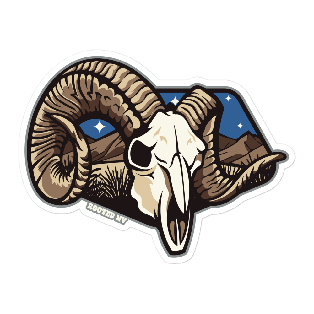 Nevada Desert Bighorn Durable Weather Resistant Decal showcasing a detailed desert bighorn sheep skull and curled horns against Nevada mountain scenery; Nevada Desert Bighorn Decal for durable outdoor use