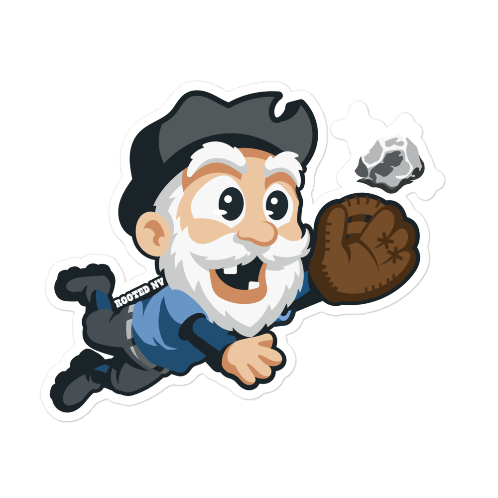 Nevada Claim Jumper Durable Weather Resistant Decal featuring a cheerful cartoon prospector in a miner’s hat diving to catch a silver nugget.