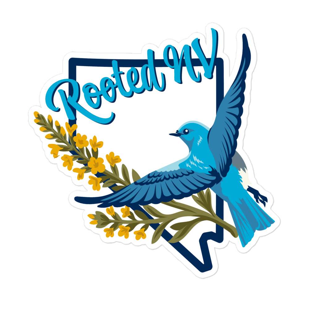 Nevada Bluebird Durable Weather Resistant Decal close-up showing a colorful bluebird, native flowers, and Rooted NV branding; Nevada Bluebird Decal sticker