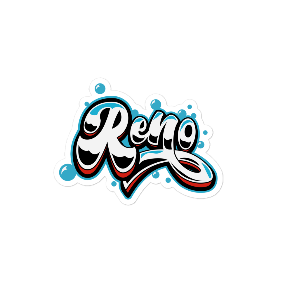 Reno Chrome Durable Weather Resistant Decal featuring bold chrome-style Reno lettering, 5.5 x 5.5 inch Reno Chrome Decal sticker