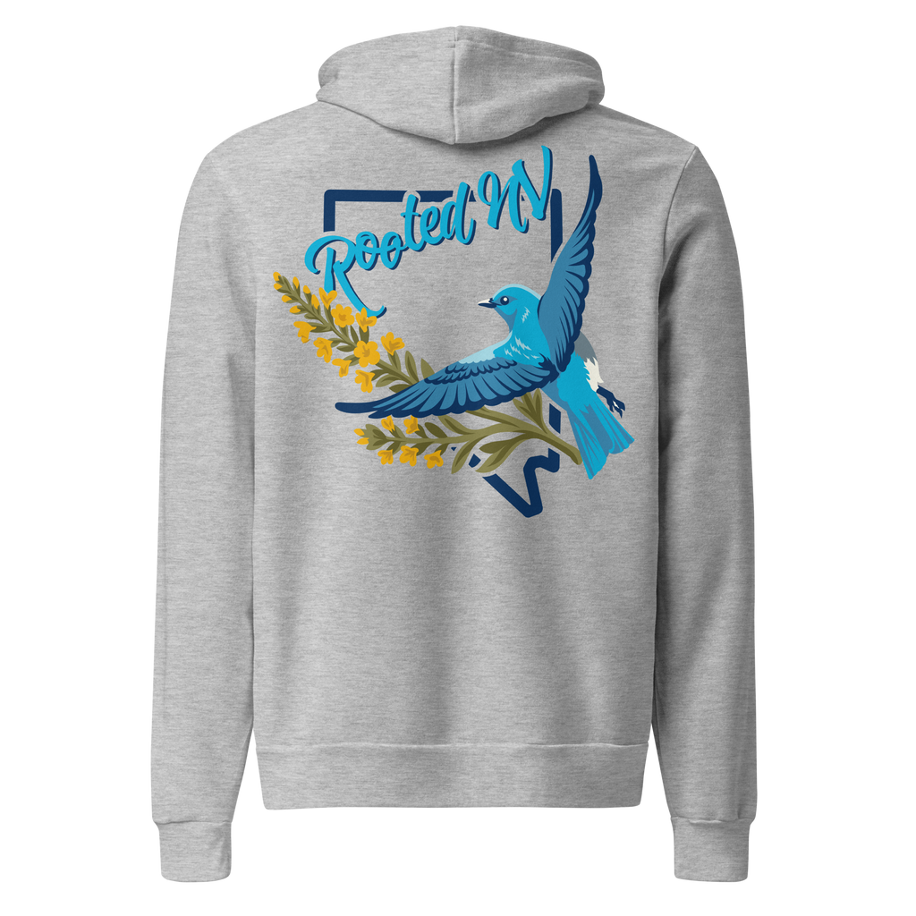 Nevada Bluebird Graphic Hoodie – Soft Unisex Fleece Pullover in heather gray, back view featuring colorful Nevada bluebird and Rooted NV graphic
