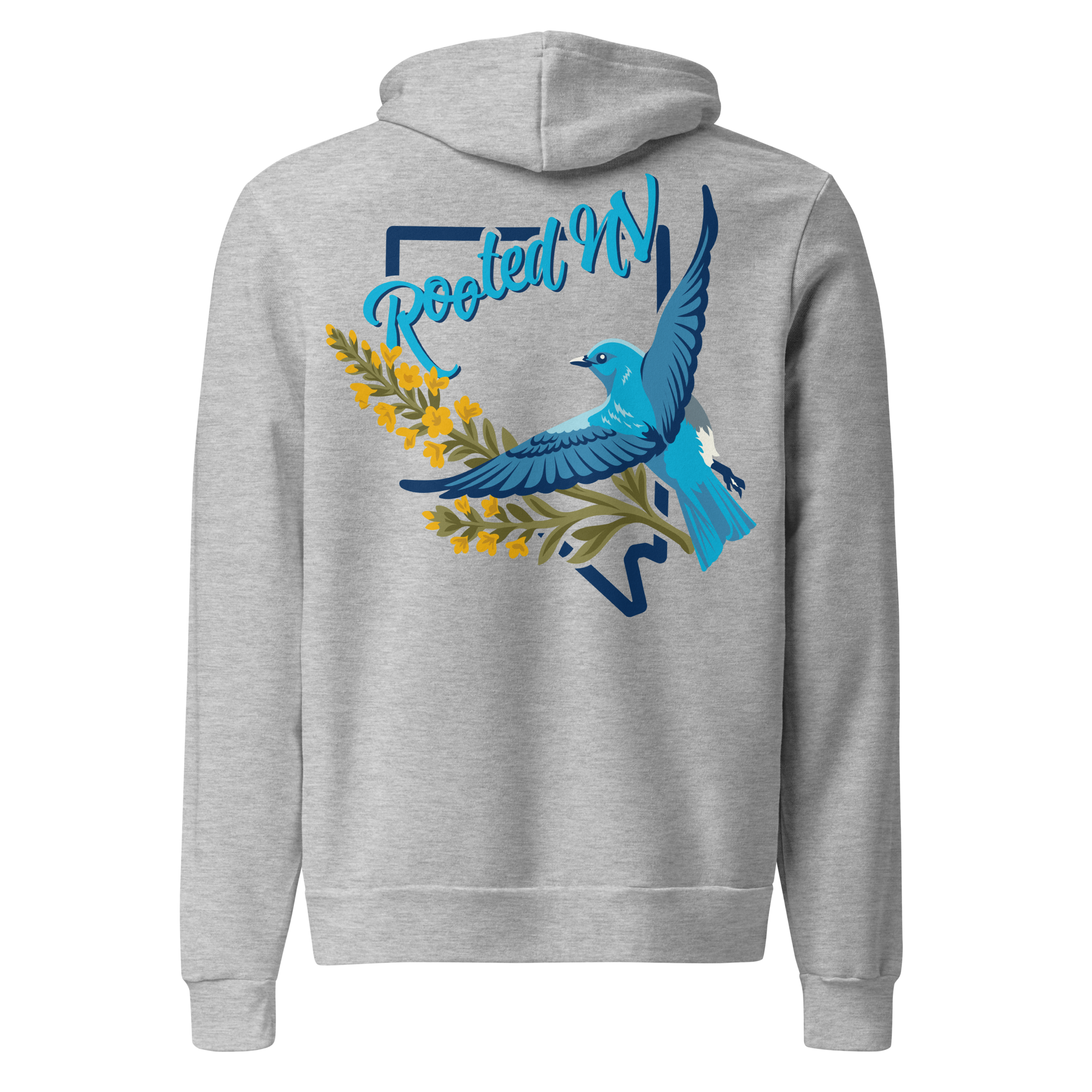 Nevada Bluebird Graphic Hoodie – Soft Unisex Fleece Pullover in heather gray, back view featuring colorful Nevada bluebird and Rooted NV graphic