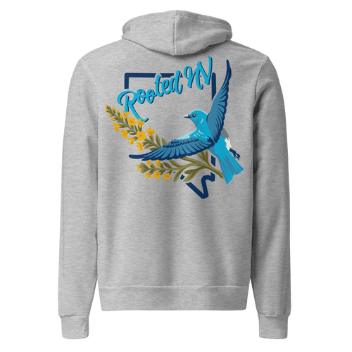 Nevada Bluebird Graphic Hoodie – Soft Unisex Fleece Pullover in heather gray, back view featuring colorful Nevada bluebird and Rooted NV graphic