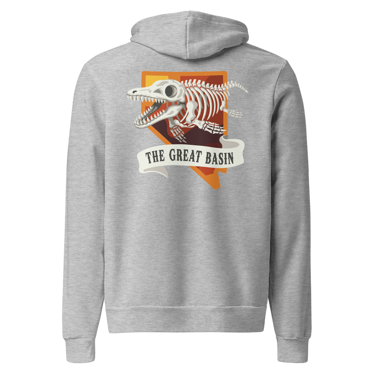 Nevada Ichthyosaur State Fossil Graphic Hoodie - Soft Unisex Fleece Pullover in heather gray, back view featuring a Great Basin fossil skeleton graphic.