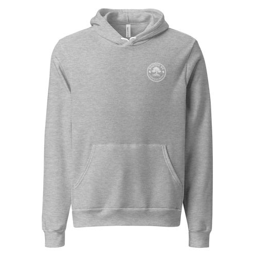 Nevada Bluebird Graphic Hoodie – Soft Unisex Fleece Pullover in heather gray, front view with small Rooted NV chest logo and kangaroo pocket