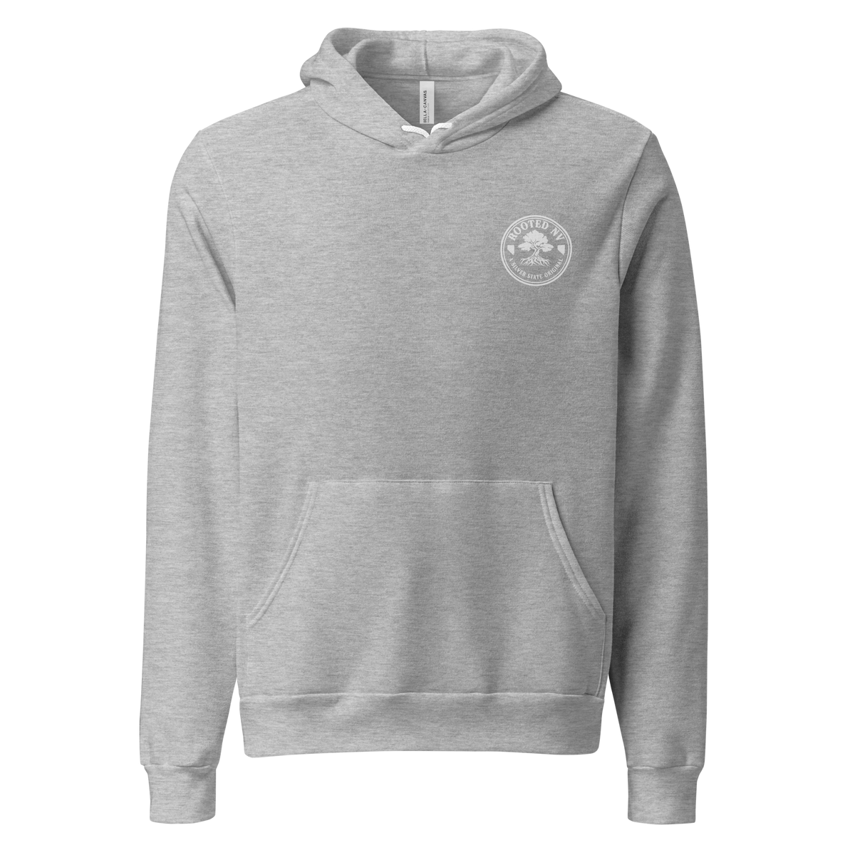 Nevada Ichthyosaur State Fossil Graphic Hoodie - Soft Unisex Fleece Pullover in heather gray, front view with small Nevada fossil emblem and kangaroo pocket.