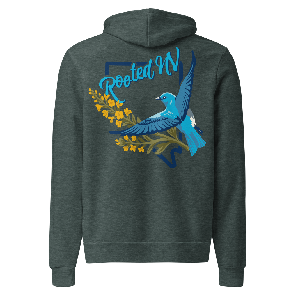 Nevada Bluebird Graphic Hoodie – Soft Unisex Fleece Pullover in dark charcoal, back view featuring colorful Nevada bluebird and Rooted NV design