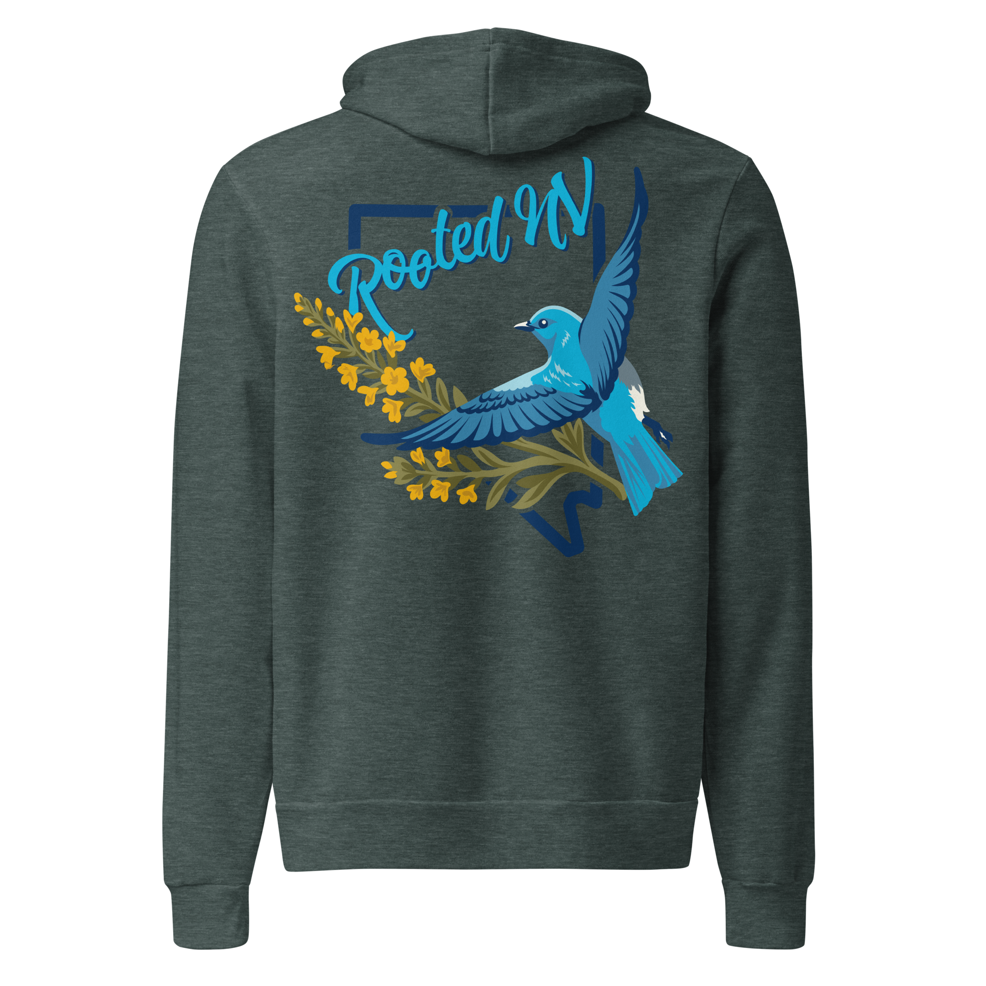 Nevada Bluebird Graphic Hoodie – Soft Unisex Fleece Pullover in dark charcoal, back view featuring colorful Nevada bluebird and Rooted NV design