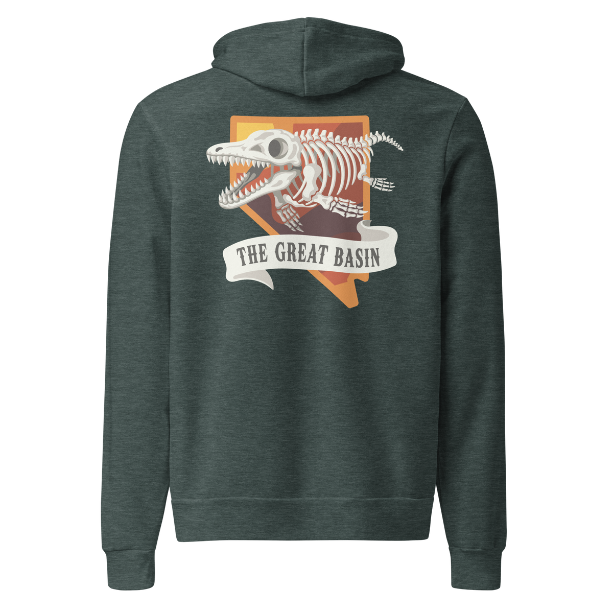 Nevada Ichthyosaur State Fossil Graphic Hoodie - Soft Unisex Fleece Pullover in dark charcoal, back view with colorful Great Basin fossil skeleton design.
