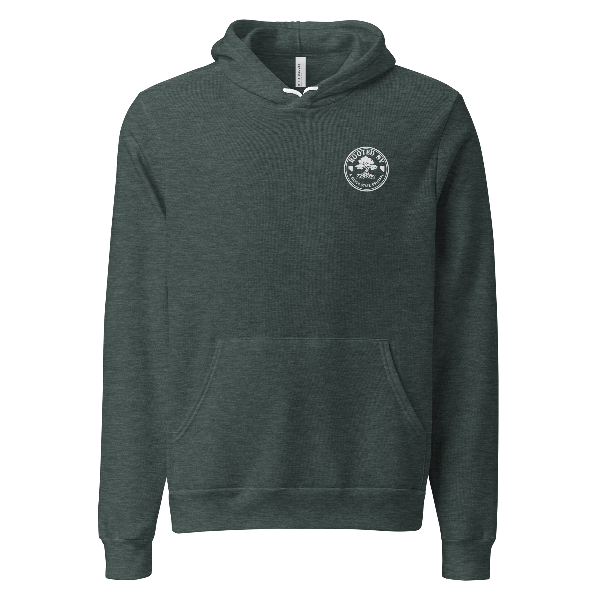 Nevada Bluebird Graphic Hoodie – Soft Unisex Fleece Pullover in dark charcoal, front view with Rooted NV chest logo and kangaroo pocket
