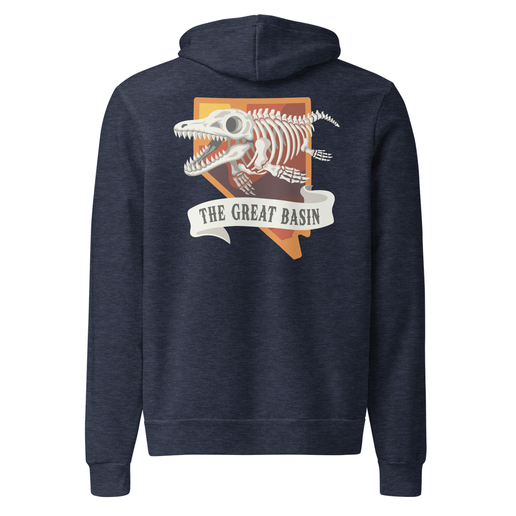 Nevada Ichthyosaur State Fossil Graphic Hoodie - Soft Unisex Fleece Pullover in navy blue, back view showcasing the Great Basin fossil skeleton graphic.