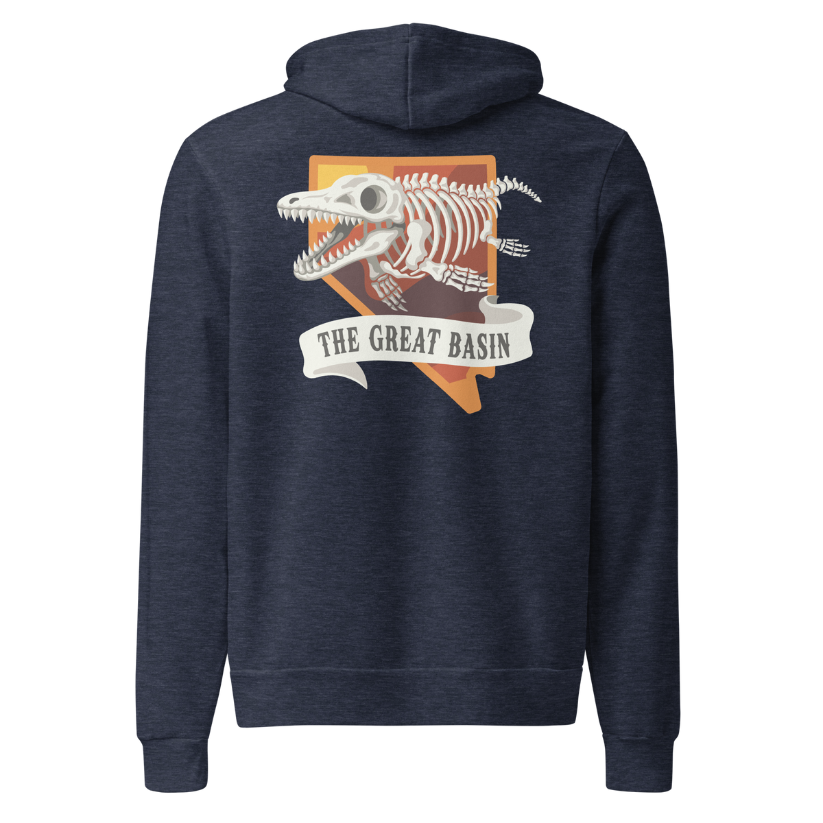 Nevada Ichthyosaur State Fossil Graphic Hoodie - Soft Unisex Fleece Pullover in navy blue, back view showcasing the Great Basin fossil skeleton graphic.