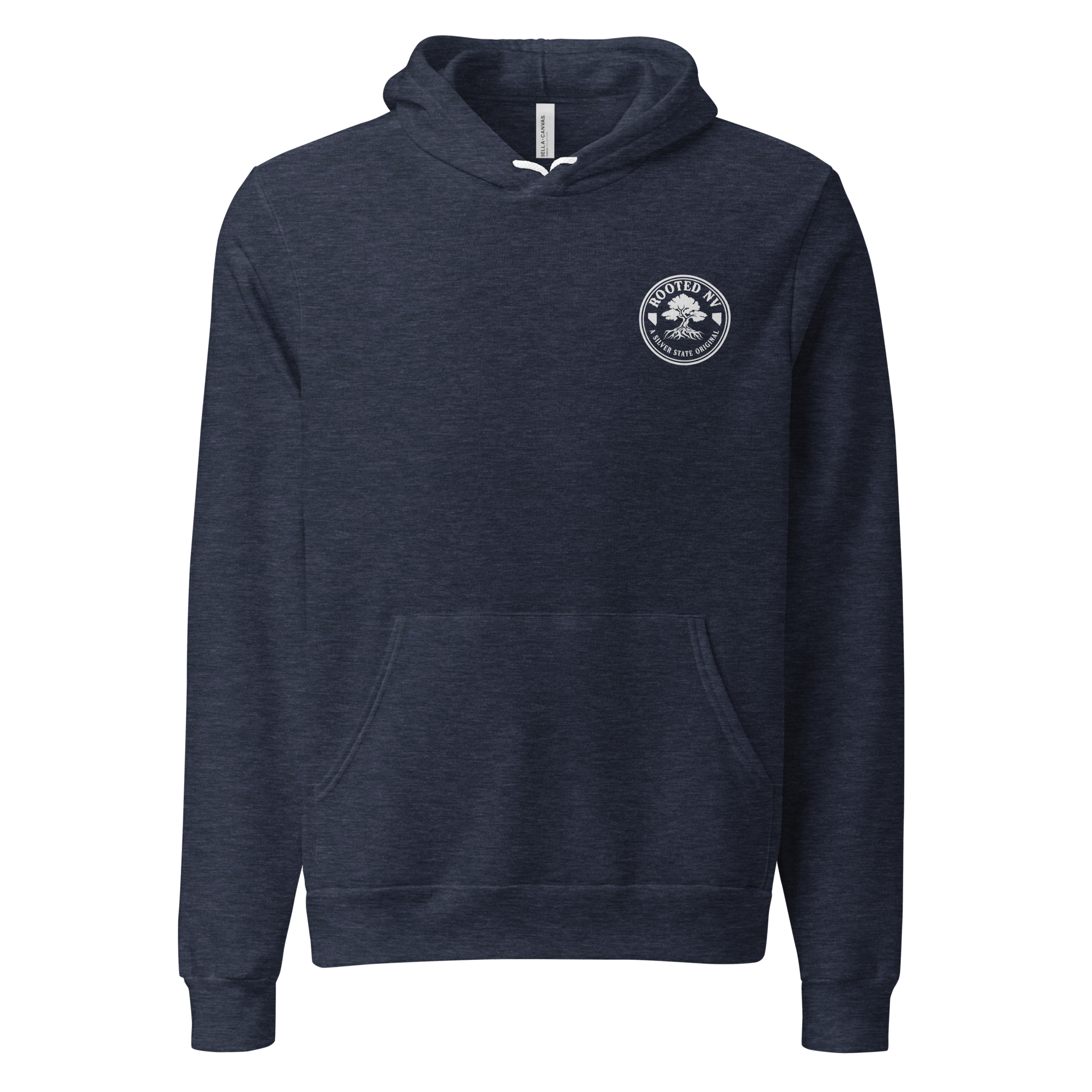Nevada Ichthyosaur State Fossil Graphic Hoodie - Soft Unisex Fleece Pullover in navy blue, front view with small Nevada fossil emblem and cozy kangaroo pocket.
