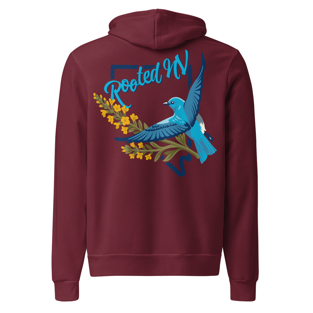 Nevada Bluebird Graphic Hoodie – Soft Unisex Fleece Pullover in burgundy, back view featuring colorful Nevada bluebird and Rooted NV graphic