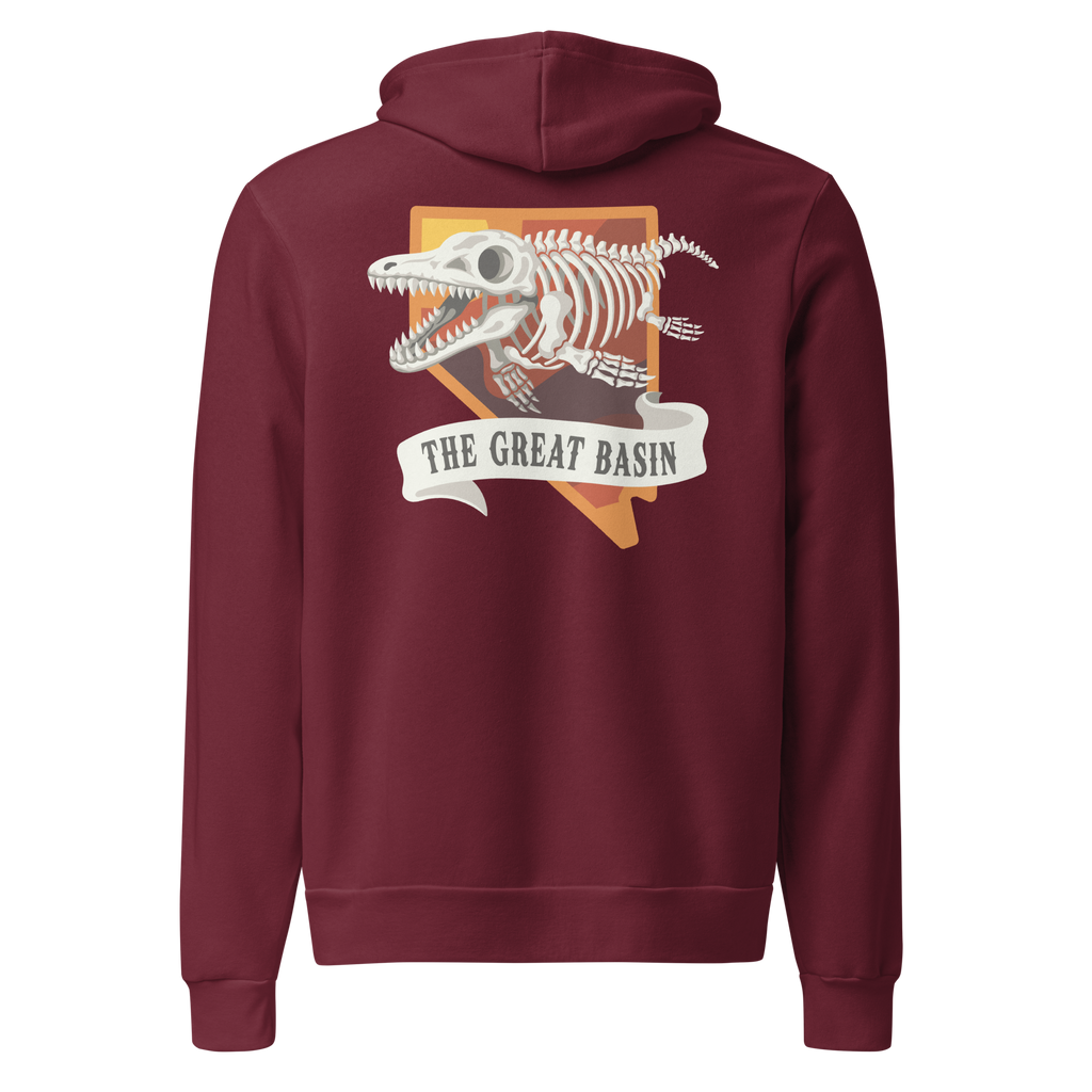 Nevada Ichthyosaur State Fossil Graphic Hoodie - Soft Unisex Fleece Pullover in burgundy, back view featuring the Great Basin fossil skeleton graphic.
