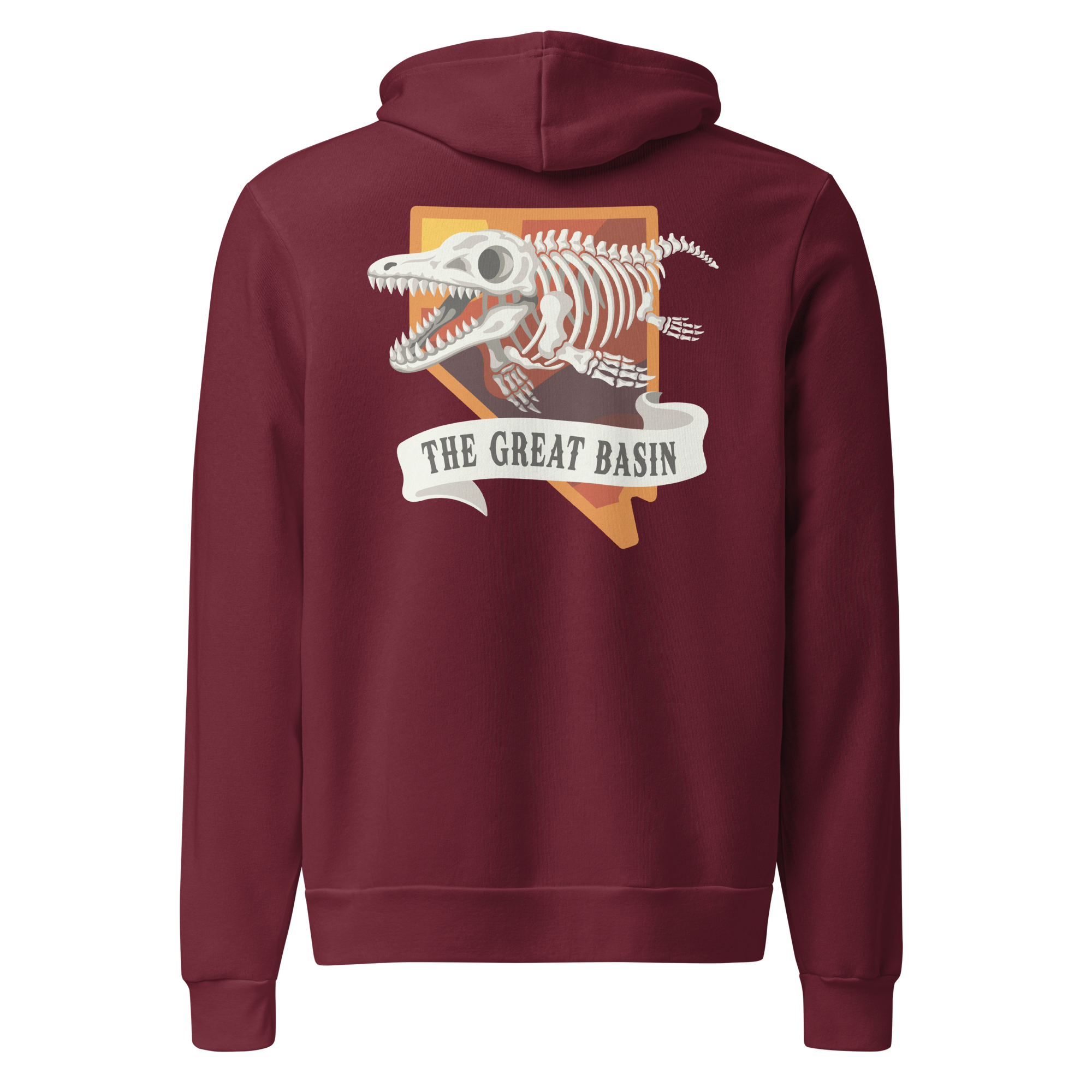 Nevada Ichthyosaur State Fossil Graphic Hoodie - Soft Unisex Fleece Pullover in burgundy, back view featuring the Great Basin fossil skeleton graphic.