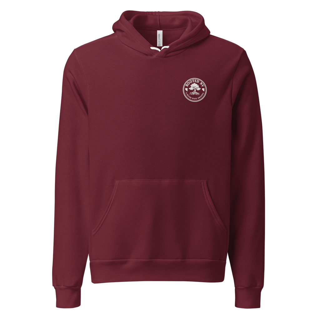 Nevada Bluebird Graphic Hoodie – Soft Unisex Fleece Pullover in burgundy, front view with Rooted NV chest logo and kangaroo pocket