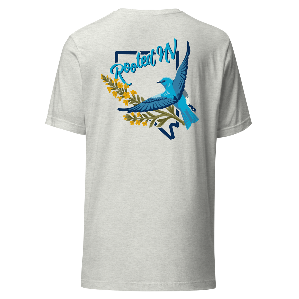 Back view of the Men's Nevada Blue Bird T-Shirt – Soft Lightweight Everyday Tee in heather gray with a colorful bluebird and floral Rooted NV graphic, showcasing the Nevada Bluebird Graphic Tee.