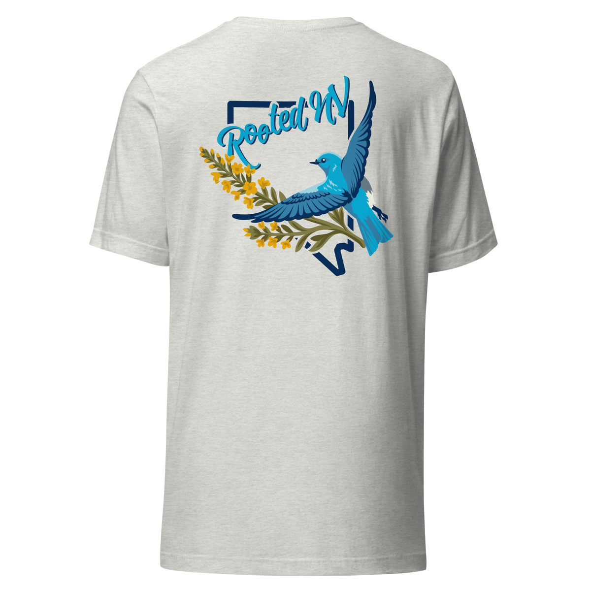 Back view of the Men's Nevada Blue Bird T-Shirt – Soft Lightweight Everyday Tee in heather gray with a colorful bluebird and floral Rooted NV graphic, showcasing the Nevada Bluebird Graphic Tee.