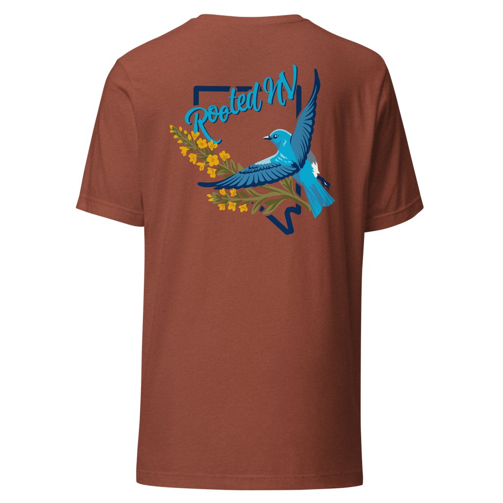 Back view of the Men's Nevada Blue Bird T-Shirt – Soft Lightweight Everyday Tee in rust brown with a colorful bluebird and floral Rooted NV graphic, showcasing the Nevada Bluebird Graphic Tee.