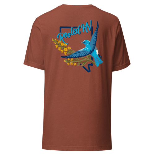 Back view of the Men's Nevada Blue Bird T-Shirt – Soft Lightweight Everyday Tee in rust brown with a colorful bluebird and floral Rooted NV graphic, showcasing the Nevada Bluebird Graphic Tee.