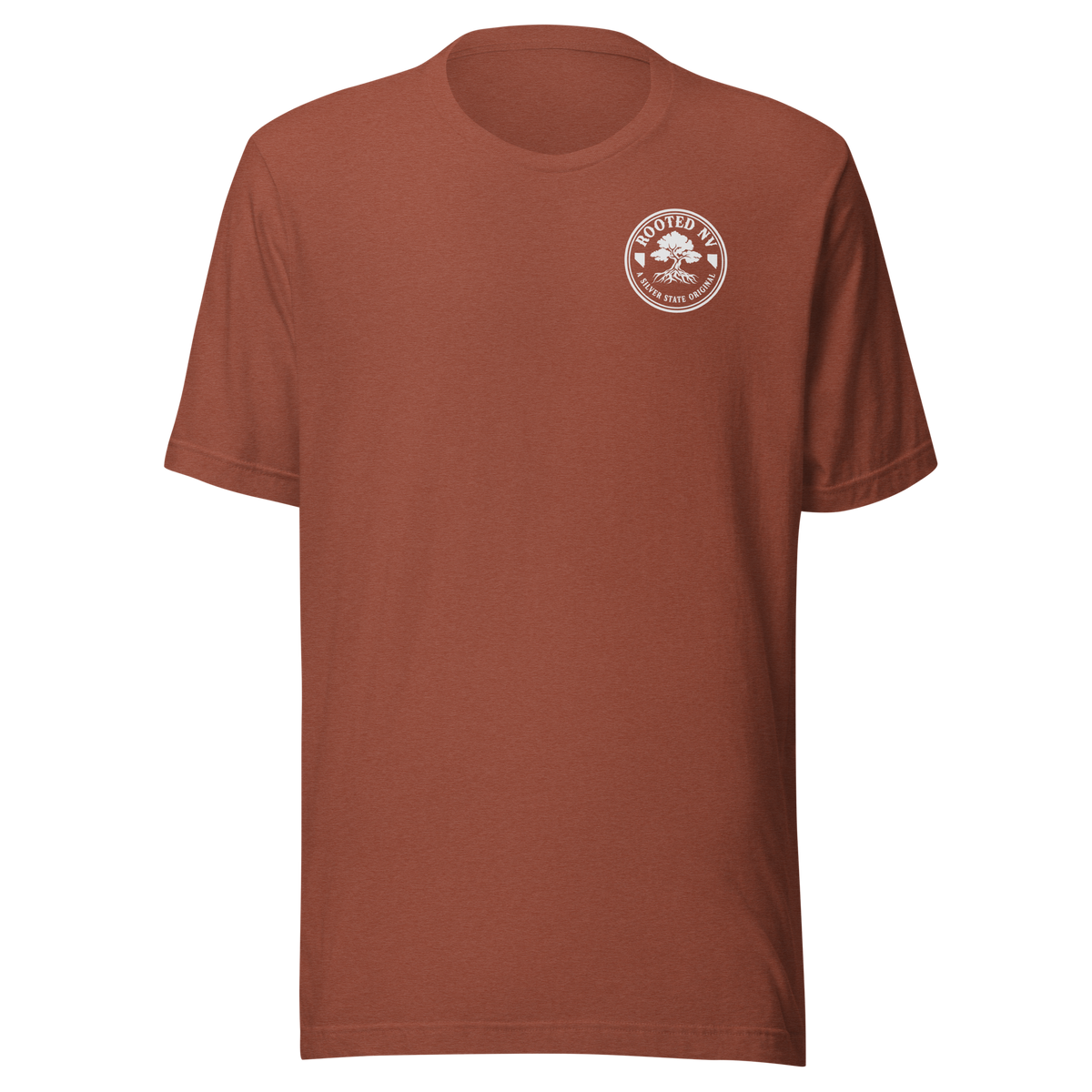 Men's Nevada Blue Bird T-Shirt – Soft Lightweight Everyday Tee in rust brown, featuring a white Rooted NV chest logo and Nevada Bluebird Graphic Tee style.