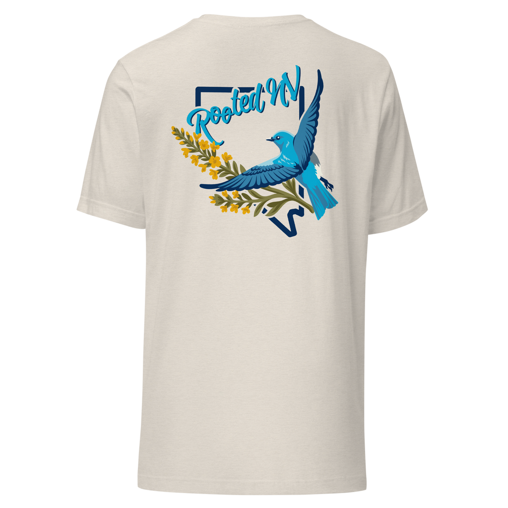 Back view of the Men's Nevada Blue Bird T-Shirt – Soft Lightweight Everyday Tee in natural cream with a colorful bluebird and floral Rooted NV graphic, showcasing the Nevada Bluebird Graphic Tee.