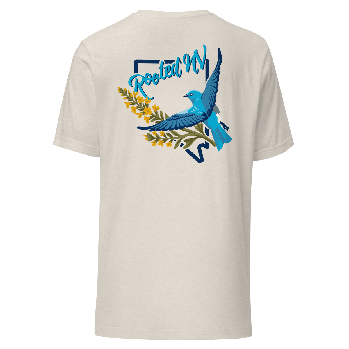 Back view of the Men's Nevada Blue Bird T-Shirt – Soft Lightweight Everyday Tee in natural cream with a colorful bluebird and floral Rooted NV graphic, showcasing the Nevada Bluebird Graphic Tee.