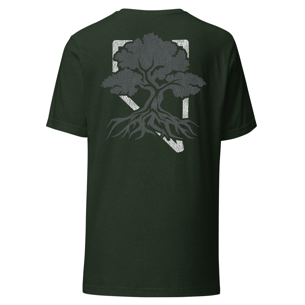 Rooted NV Vintage Logo Graphic Tee side view with flattering fit