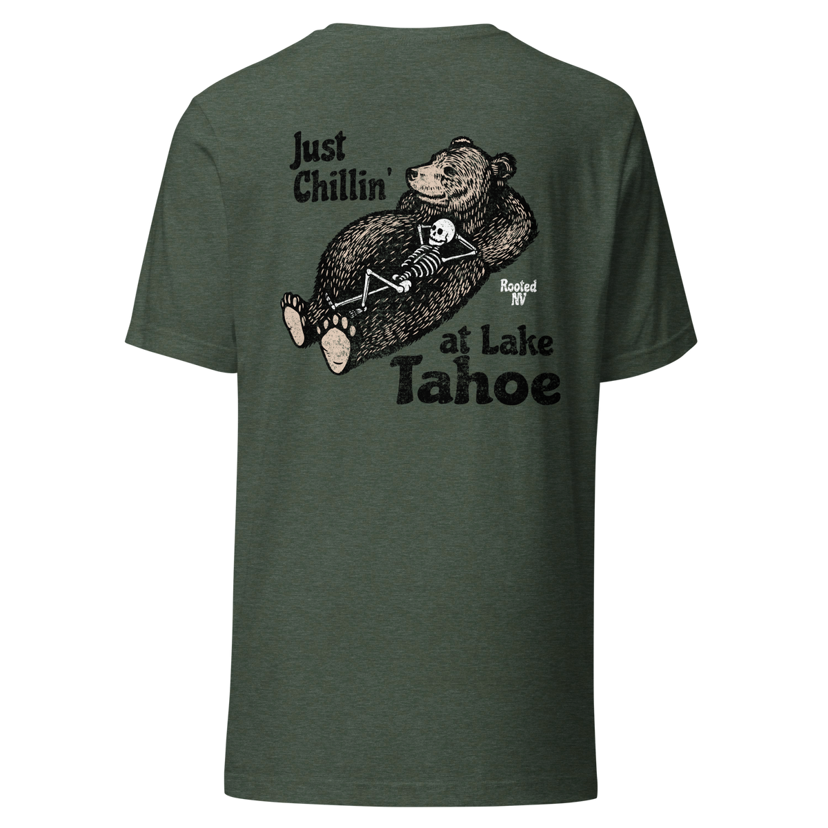 Men's Chillin' Tahoe graphic tee by Rooted NV, soft lightweight cotton shirt shown from the front