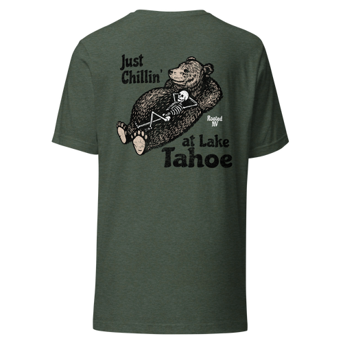 Men's Chillin' Tahoe graphic tee by Rooted NV, soft lightweight cotton shirt shown from the front