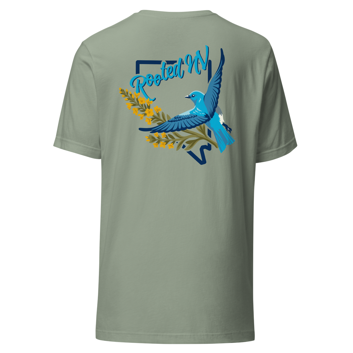 Back view of the Men's Nevada Blue Bird T-Shirt – Soft Lightweight Everyday Tee in sage green with a colorful bluebird and floral Rooted NV graphic, showcasing the Nevada Bluebird Graphic Tee.