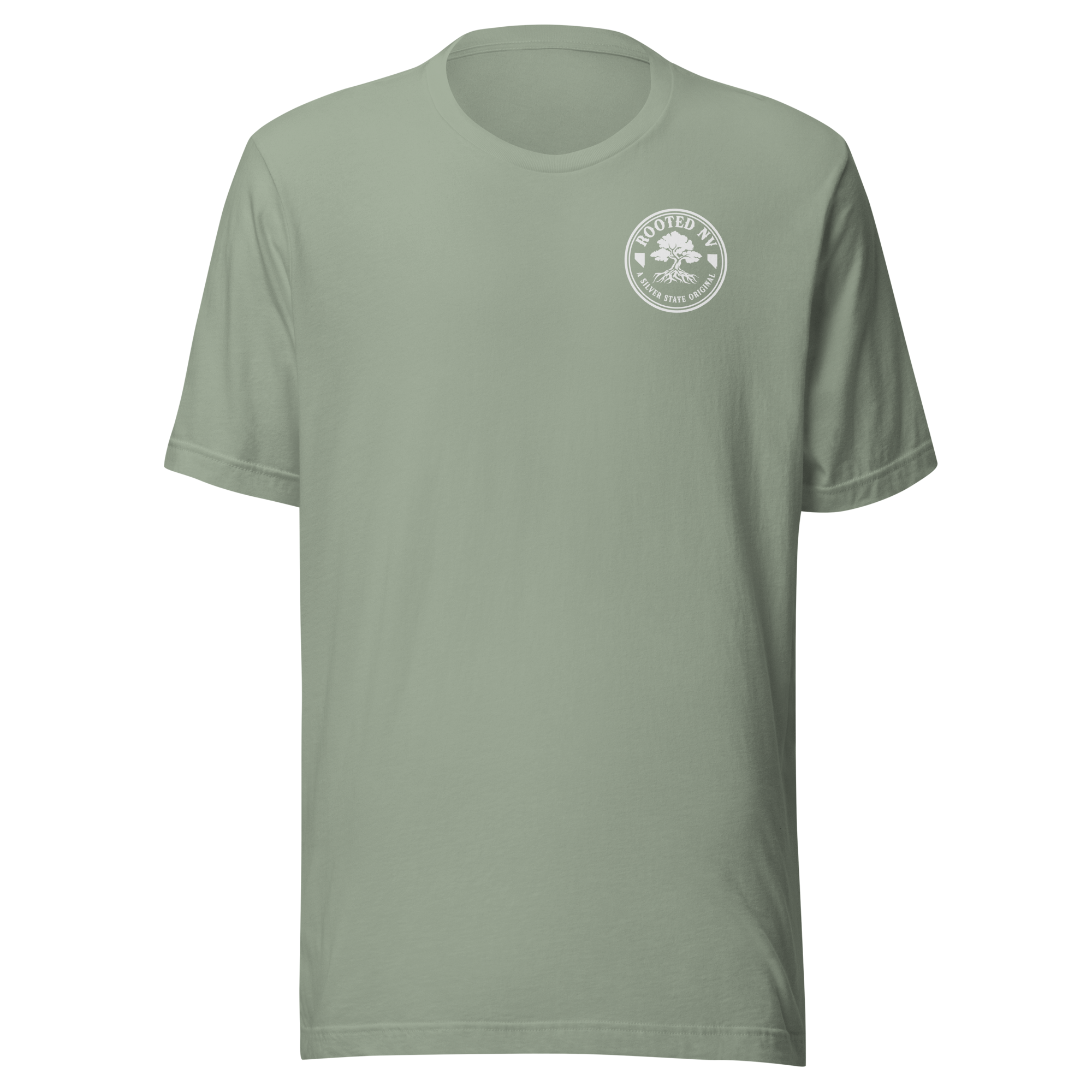 Men's Nevada Blue Bird T-Shirt – Soft Lightweight Everyday Tee in sage green, featuring a white Rooted NV chest logo and Nevada Bluebird Graphic Tee style.