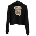 Women's Nevada Desert Tortoise Cropped Hoodie Lightweight Fleece Pullover, black back view with Nevada desert tortoise graphic; Women's Desert Tortoise Cropped Graphic Hoodie
