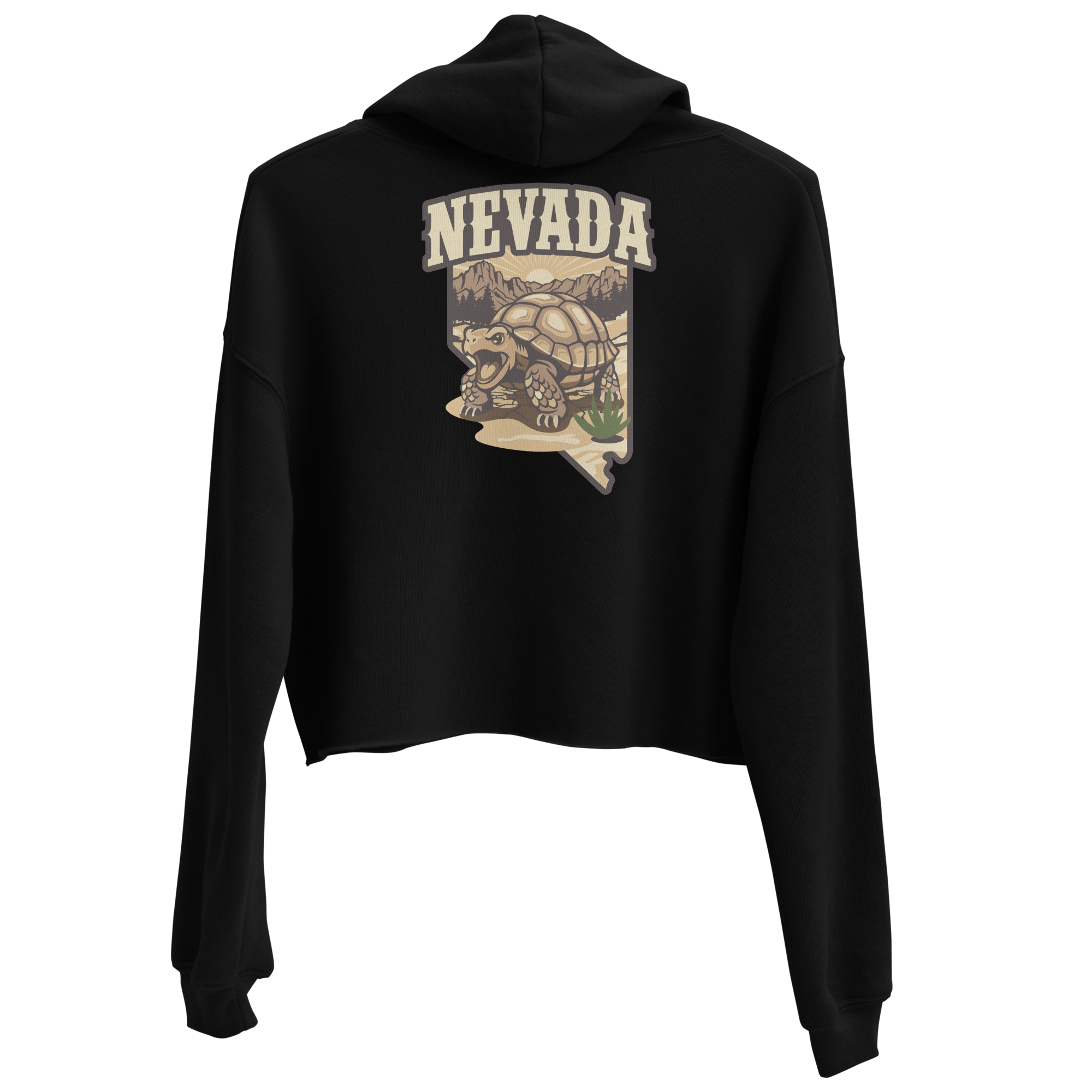 Women's Nevada Desert Tortoise Cropped Hoodie Lightweight Fleece Pullover in olive green, front view with cropped fit and Rooted NV logo; Women's Desert Tortoise Cropped Graphic Hoodie