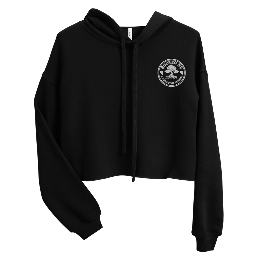 Women's Nevada Desert Tortoise Cropped Hoodie Lightweight Fleece Pullover, black front view with Rooted NV chest emblem; Women's Desert Tortoise Cropped Graphic Hoodie