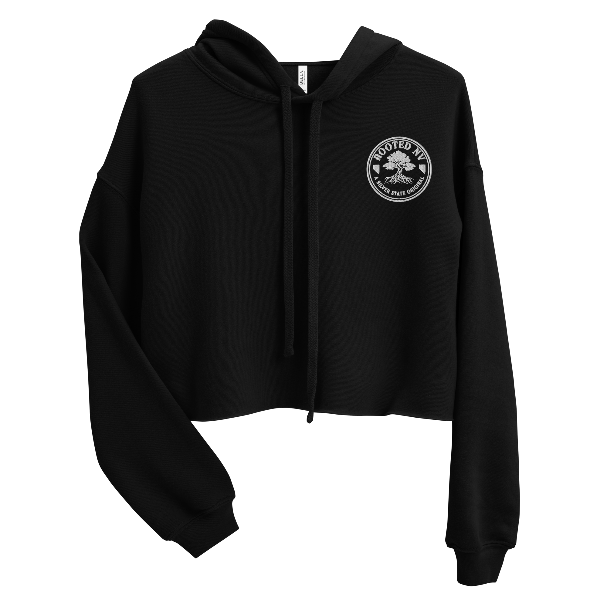 Women's Nevada Desert Tortoise Cropped Hoodie Lightweight Fleece Pullover, black front view with Rooted NV chest emblem; Women's Desert Tortoise Cropped Graphic Hoodie