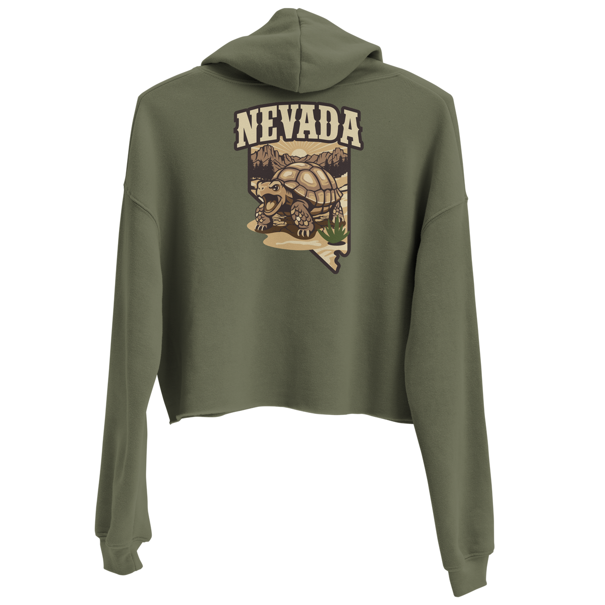 Women's Nevada Desert Tortoise Cropped Hoodie Lightweight Fleece Pullover in olive green, cropped back design with Nevada tortoise graphic; Women's Desert Tortoise Cropped Graphic Hoodie