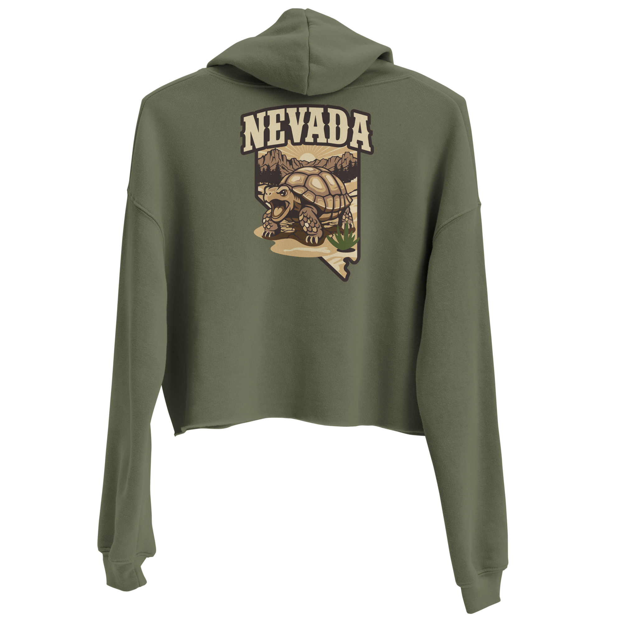 Women's Nevada Desert Tortoise Cropped Hoodie Lightweight Fleece Pullover in gray, front view with hood, drawstrings, and Rooted NV emblem; Women's Desert Tortoise Cropped Graphic Hoodie