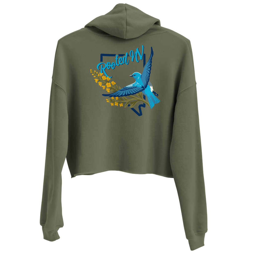 Women's Nevada Bluebird Cropped Graphic Hoodie, Women's Nevada Blue Bird Cropped Pullover Hoodie Crop Top by Rooted NV, olive green back view with colorful Nevada bird graphic