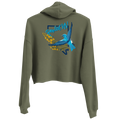 Women's Nevada Bluebird Cropped Graphic Hoodie, Women's Nevada Blue Bird Cropped Pullover Hoodie Crop Top by Rooted NV, olive green back view with colorful Nevada bird graphic