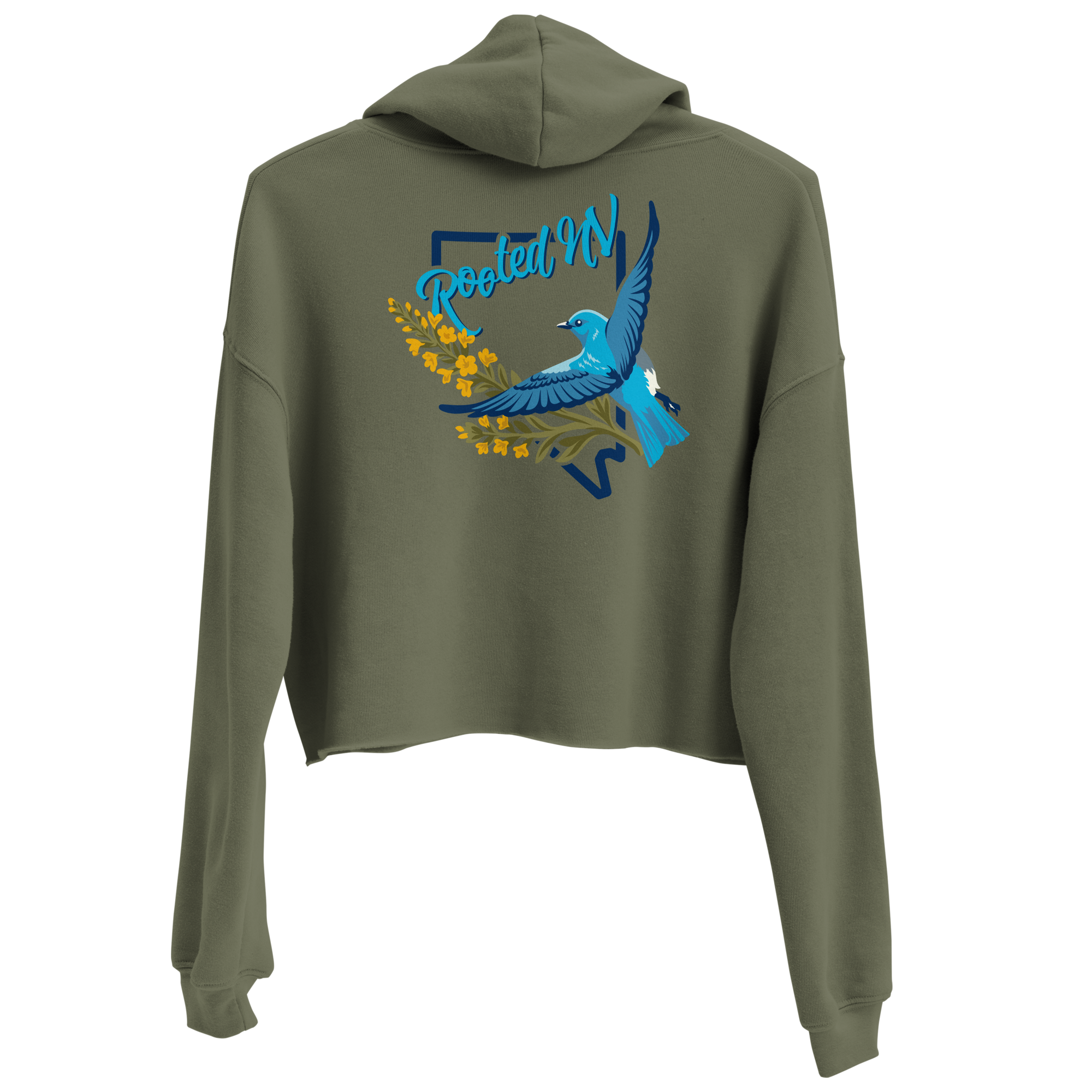 Women's Nevada Bluebird Cropped Graphic Hoodie, Women's Nevada Blue Bird Cropped Pullover Hoodie Crop Top by Rooted NV, olive green back view with colorful Nevada bird graphic