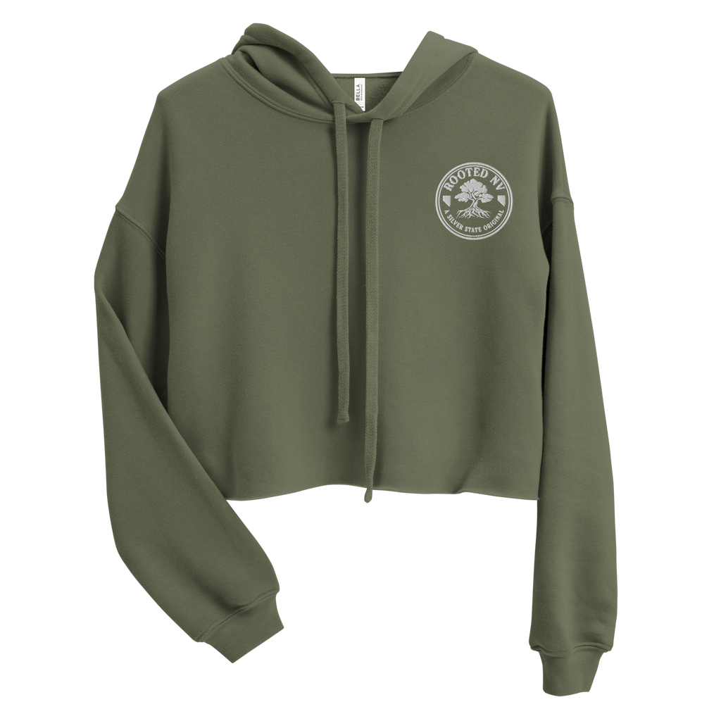 Women's Nevada Desert Tortoise Cropped Hoodie Lightweight Fleece Pullover in olive green, back view featuring Nevada desert tortoise artwork; Women's Desert Tortoise Cropped Graphic Hoodie