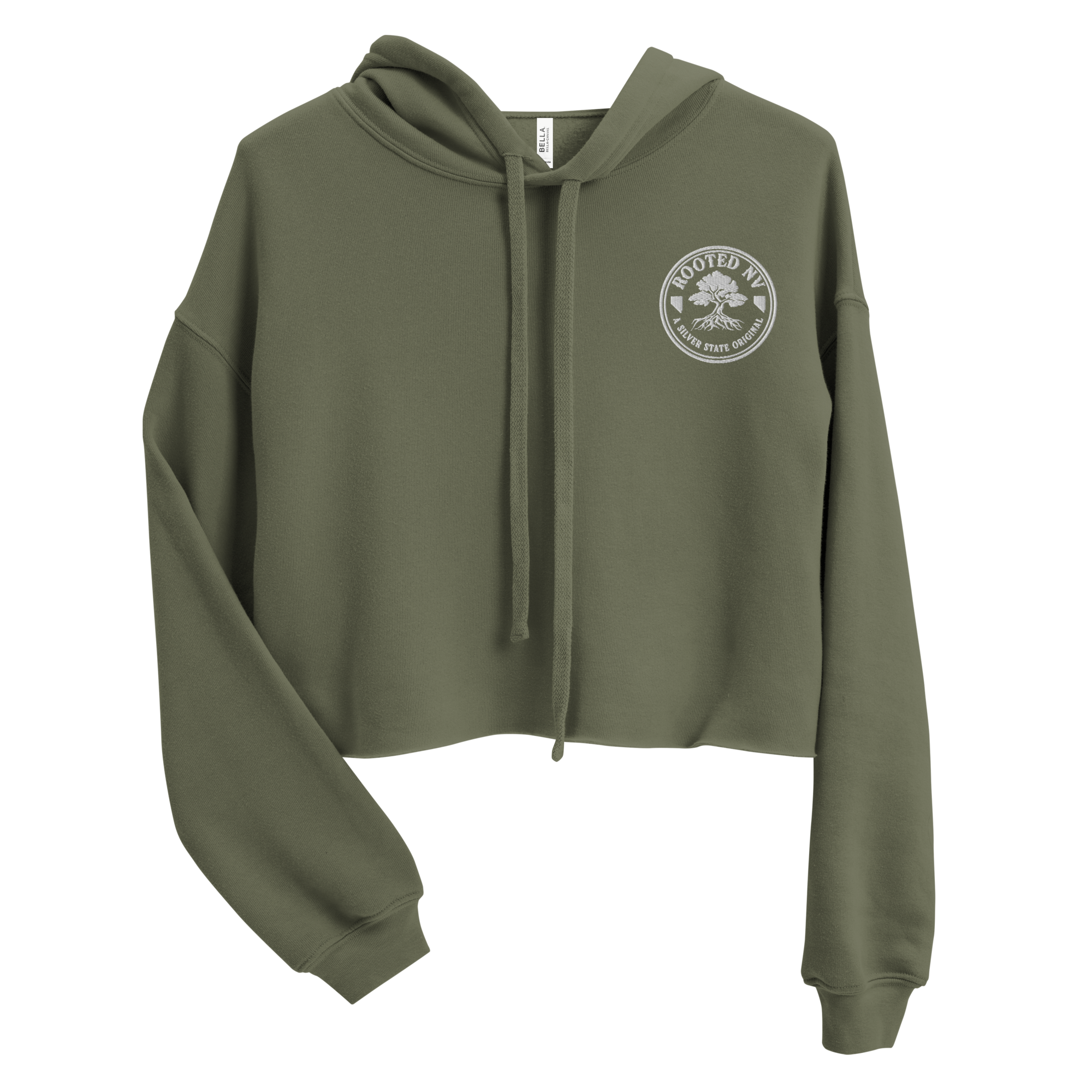 Women's Nevada Desert Tortoise Cropped Hoodie Lightweight Fleece Pullover in olive green, back view featuring Nevada desert tortoise artwork; Women's Desert Tortoise Cropped Graphic Hoodie