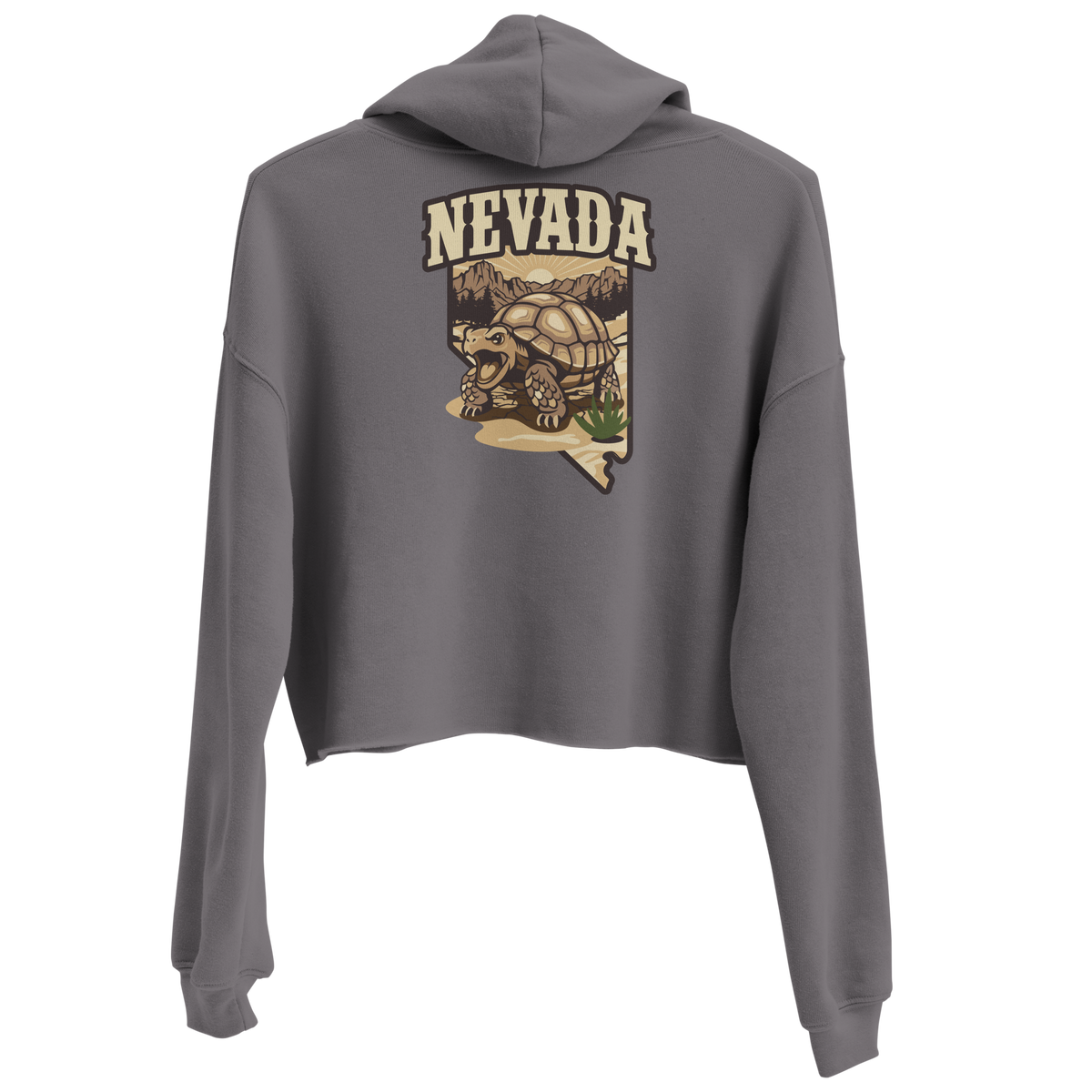 Women's Nevada Desert Tortoise Cropped Hoodie Lightweight Fleece Pullover in gray, detailed back view showcasing the Nevada tortoise design; Women's Desert Tortoise Cropped Graphic Hoodie