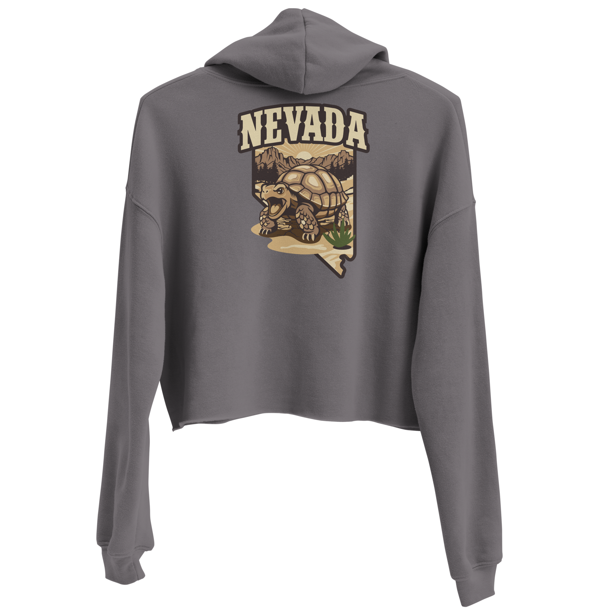 Women's Nevada Desert Tortoise Cropped Hoodie Lightweight Fleece Pullover, stylish gray cropped hoodie with Nevada desert tortoise artwork; Women's Desert Tortoise Cropped Graphic Hoodie