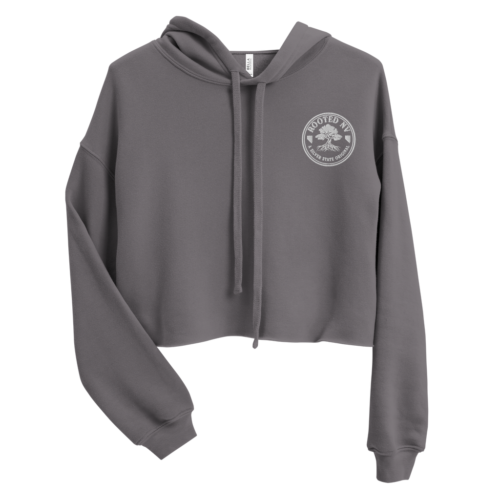 Women's Nevada Desert Tortoise Cropped Hoodie Lightweight Fleece Pullover in gray, back view with Nevada desert tortoise graphic; Women's Desert Tortoise Cropped Graphic Hoodie